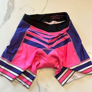 Coeur 6” cycling shorts, pink and purple. Small.